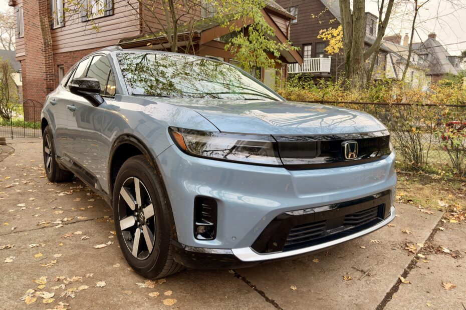 A gray Honda Prologue EV as seen from the front passenger side corner