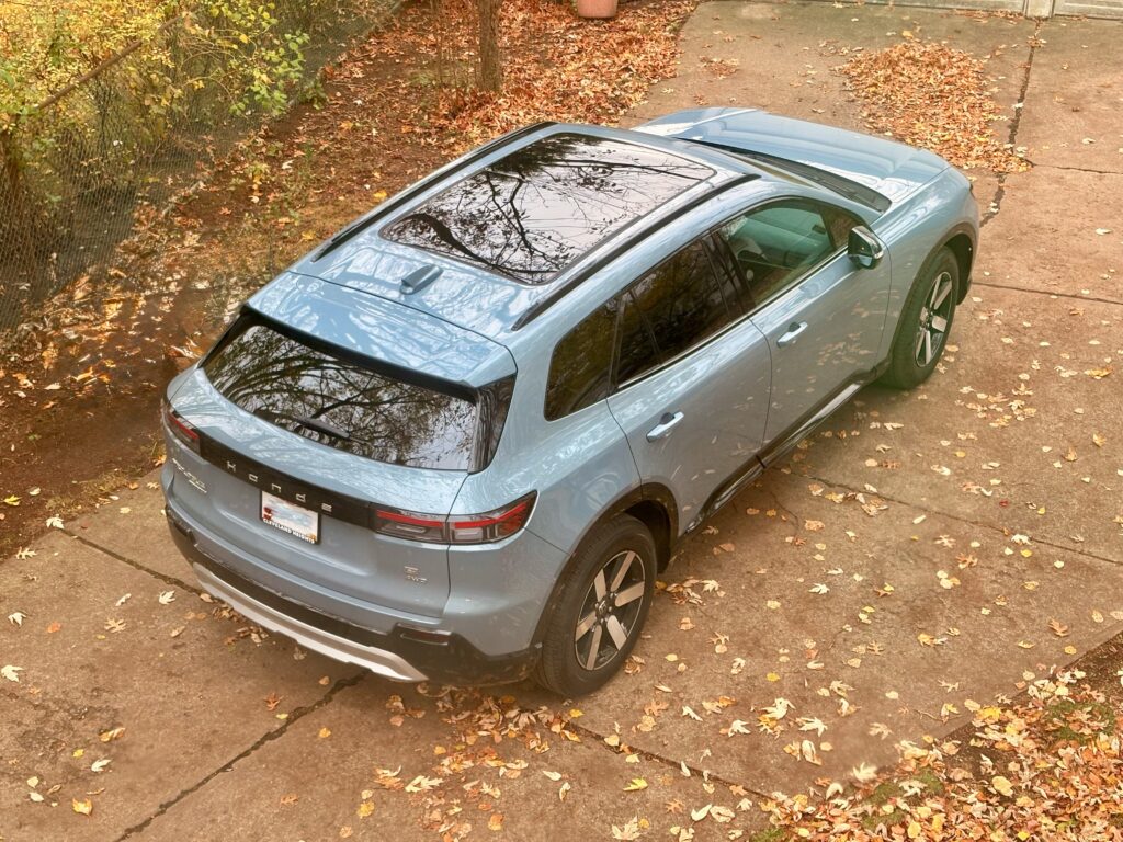 An overhead view of a gray Honda Prologue with glass panoramic roof