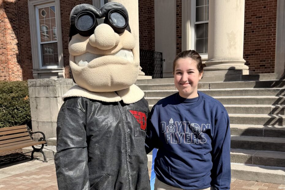 Posing with Rudy, the Dayton Flyer mascot